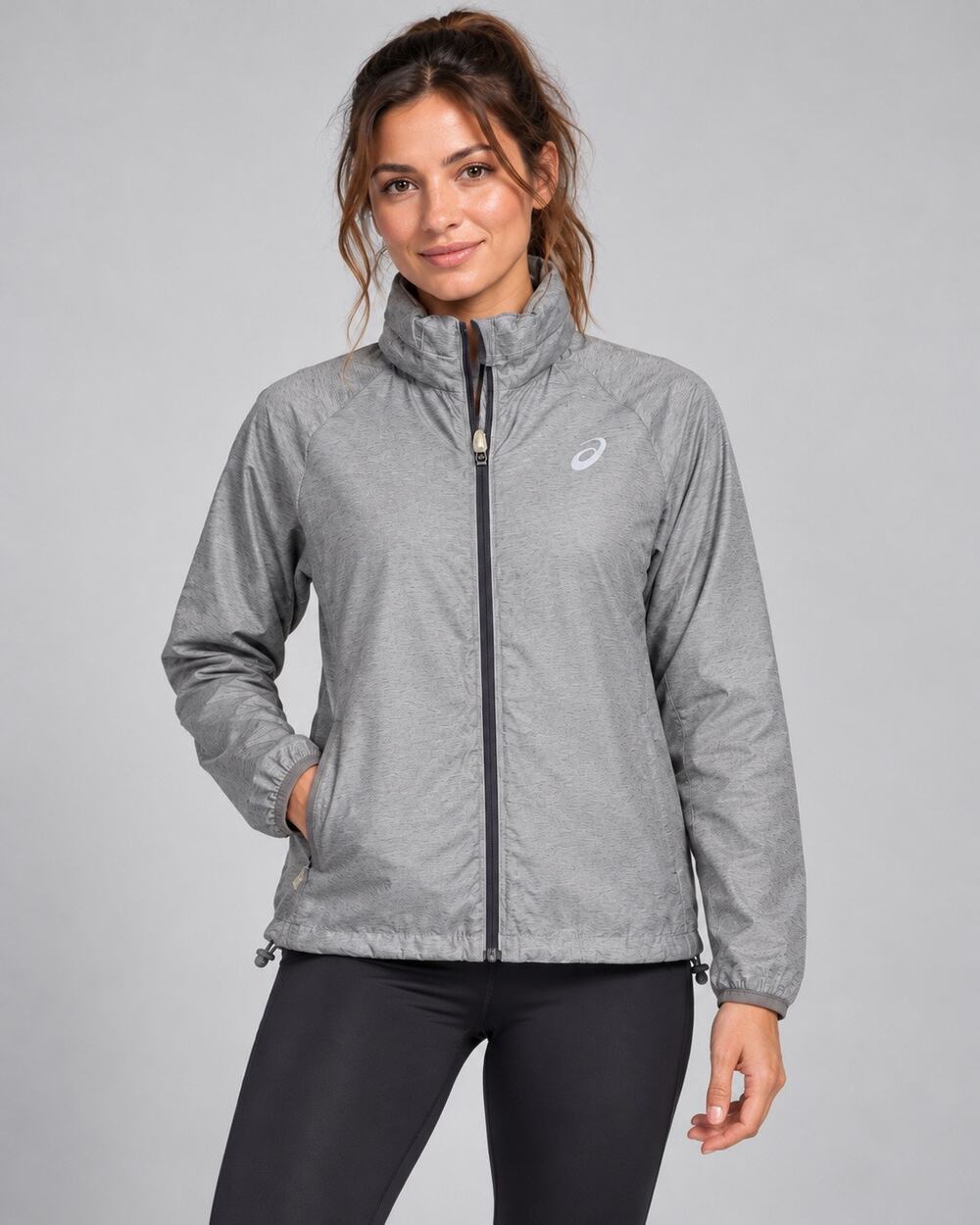 ASICS Womens Small Gray Hooded Full Zip Running Windbreaker Jacket Athleisure